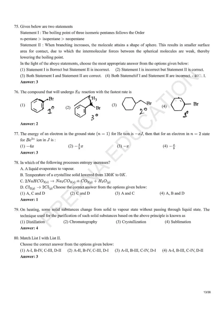 NEET Answer Key Pages