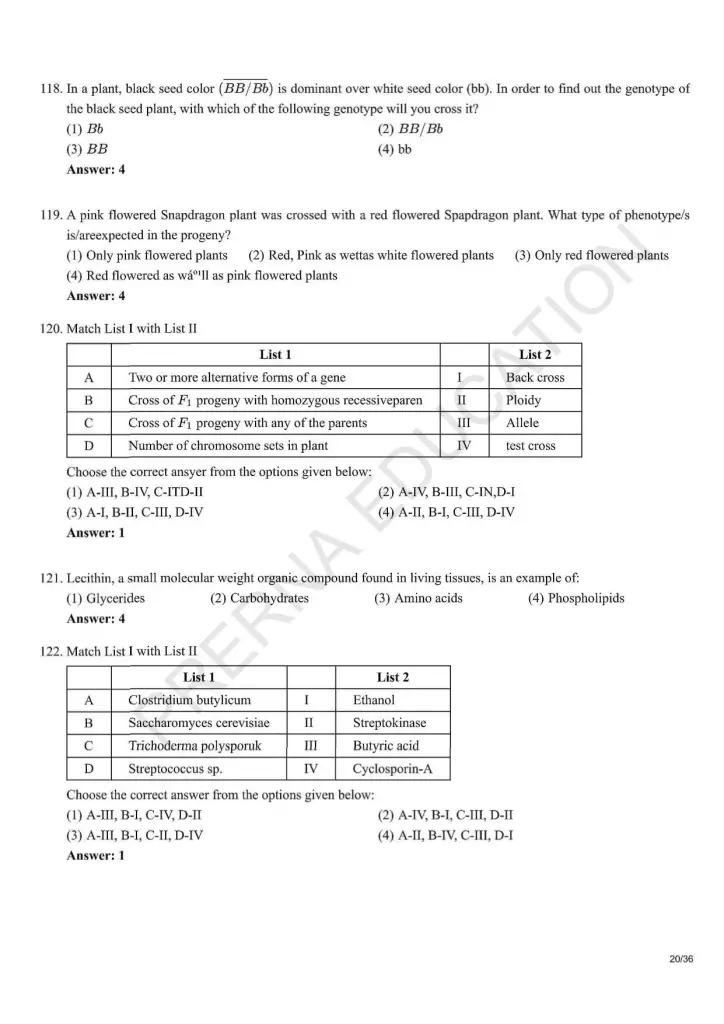 NEET Answer Key Pages