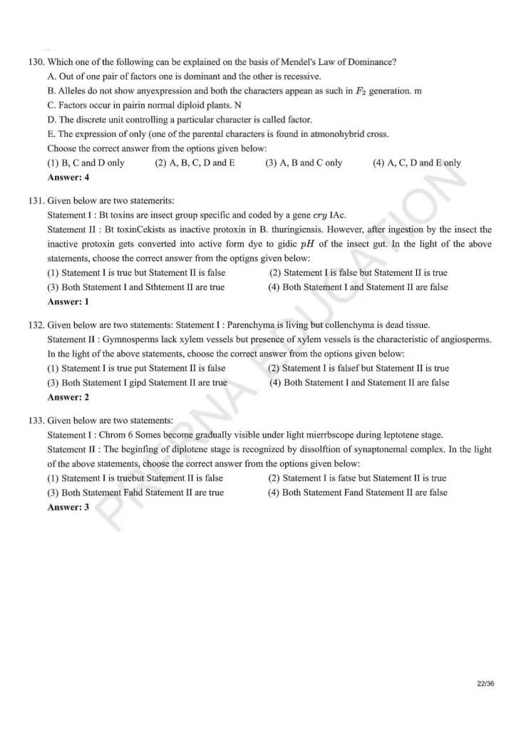 NEET Answer Key Pages