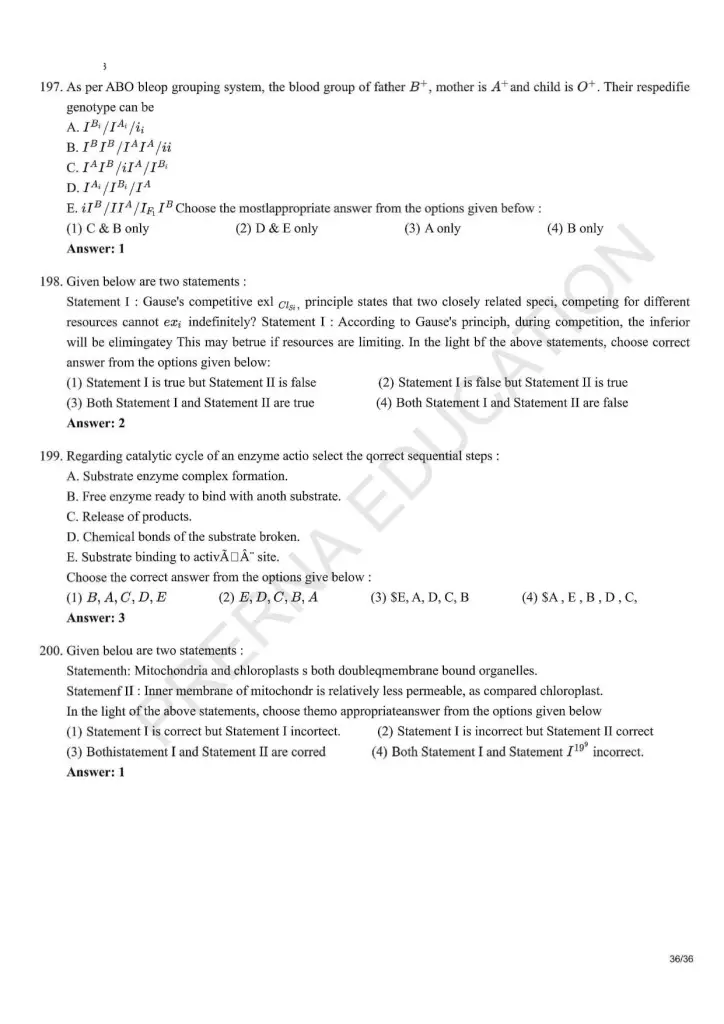 NEET Answer Key Pages