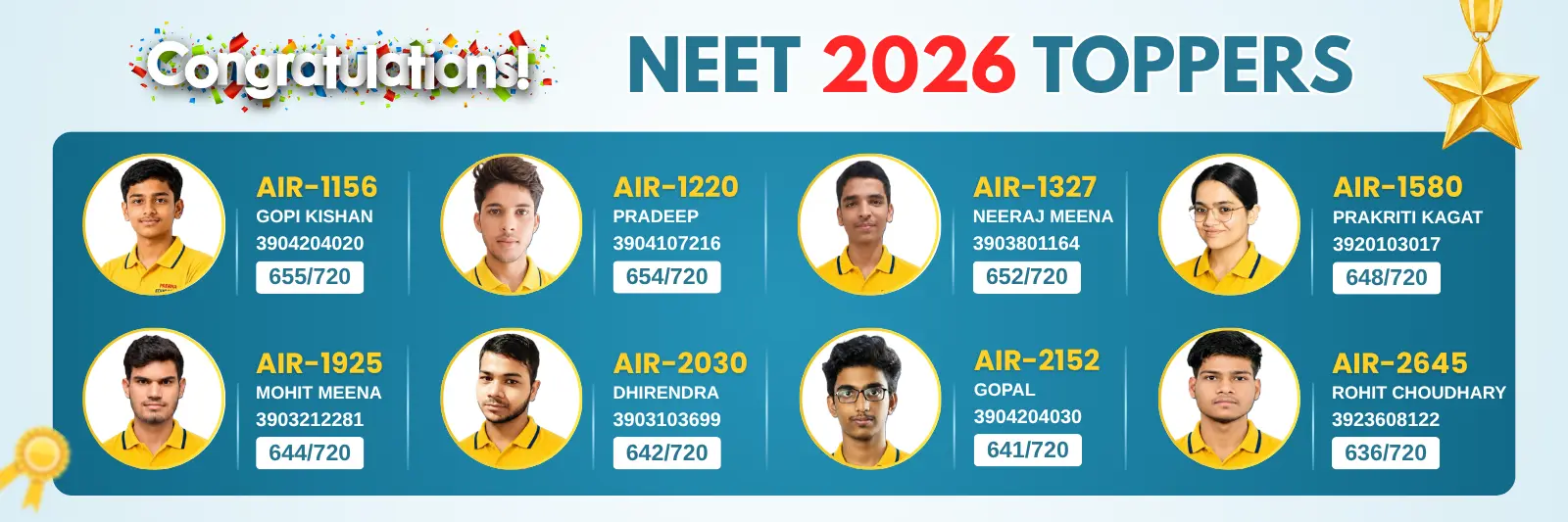 NEET 2026 toppers from Prerna Education featuring AIR 1156, AIR 1220, AIR 1327, AIR 1580, AIR 1925, AIR 2030, AIR 2152, and AIR 2645 with their NEET scores and All India Ranks.